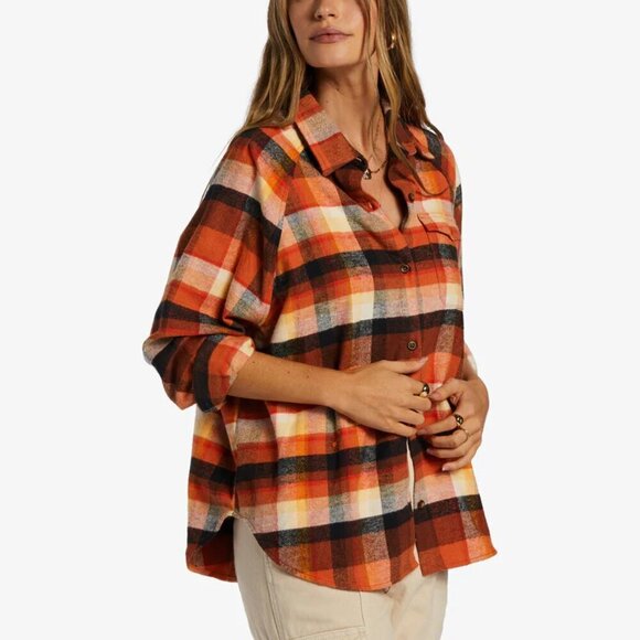 NWT Billabong Best Time Oversized Orange Plaid Button Up Shirt - Picture 5 of 5
